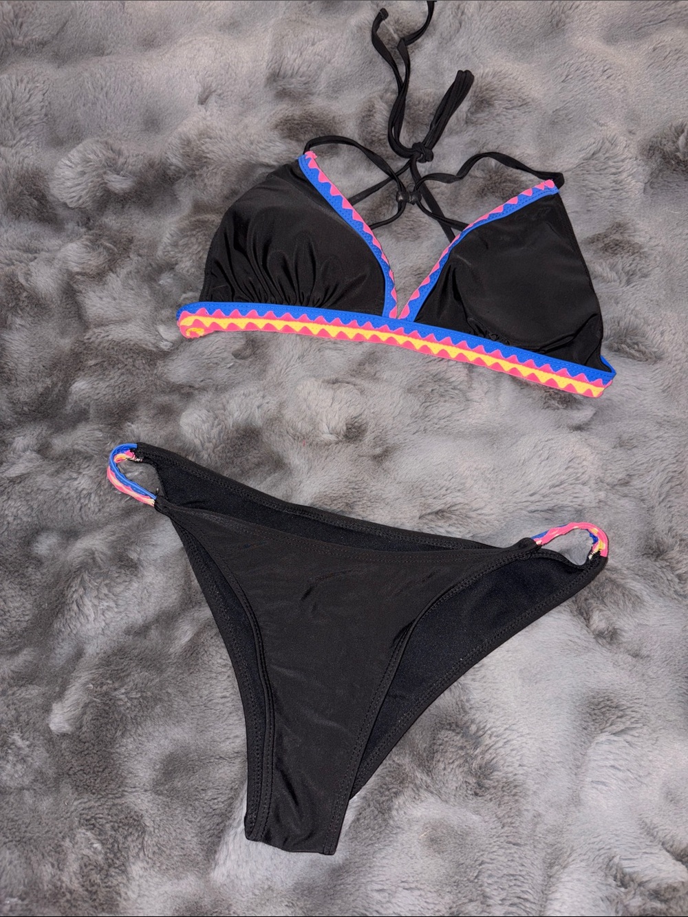 Black Bikini with Pink & Blue Zigzag Trim - Picture 1 of 2